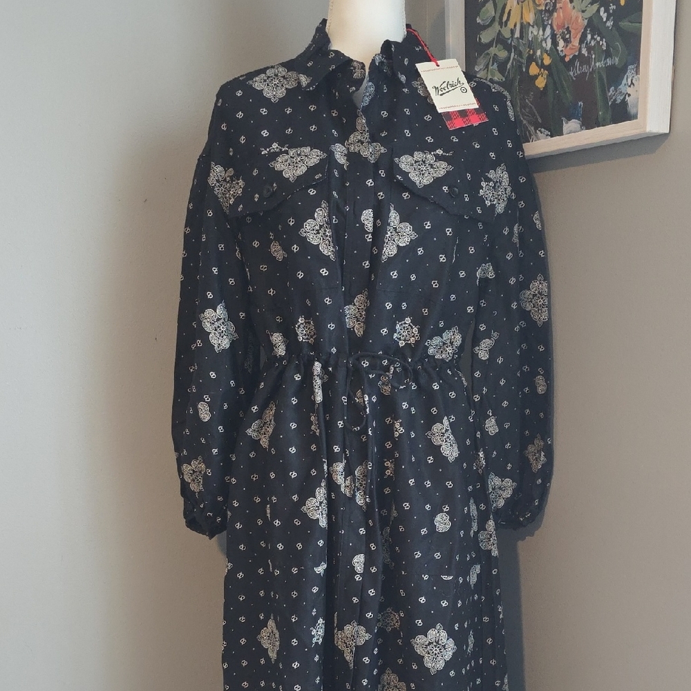 Woolrich Black Midi Dress with White Bandana Print Size Small NWT
